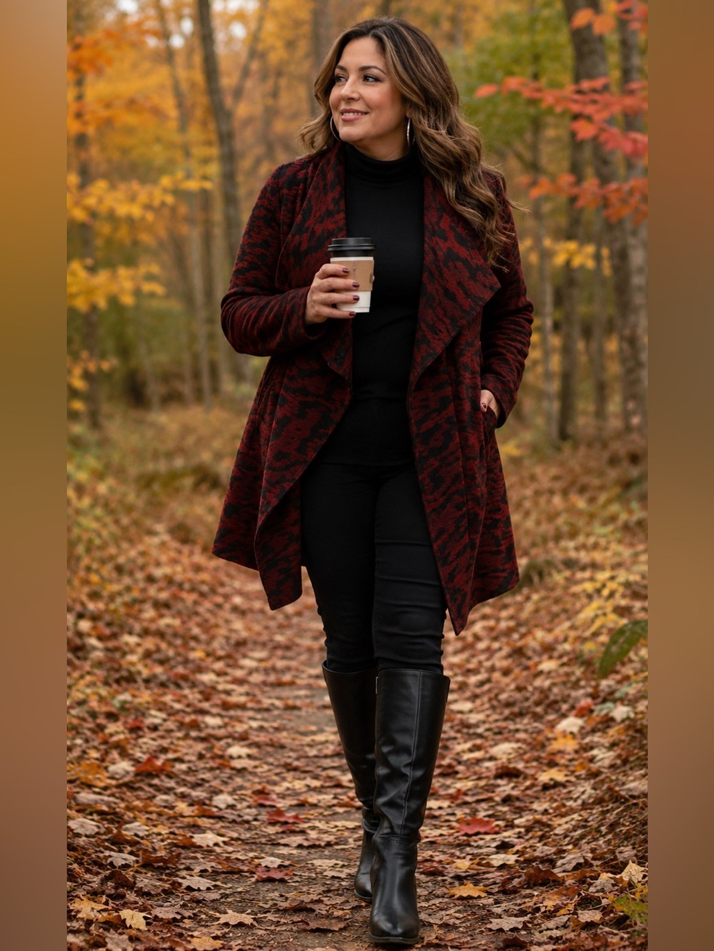 🍁Cozy & flattering Red-Black patterned Coatigan.
